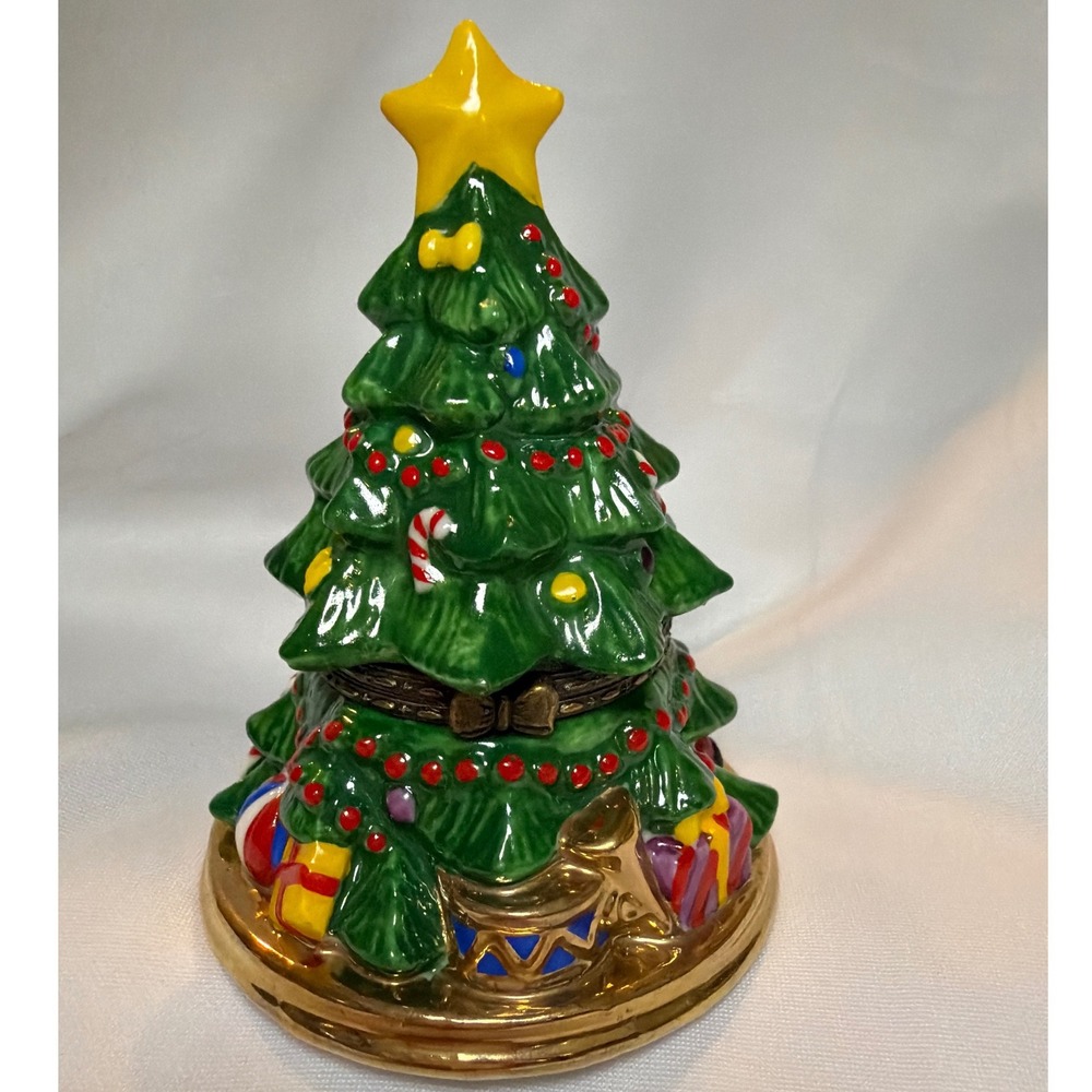 Department 56 Christmas Tree Ceramic Hinged Trinket Box Green Gold MerryXMas